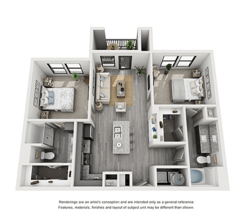 Floor plan for 2 beds, 2 baths, 950 sqft
